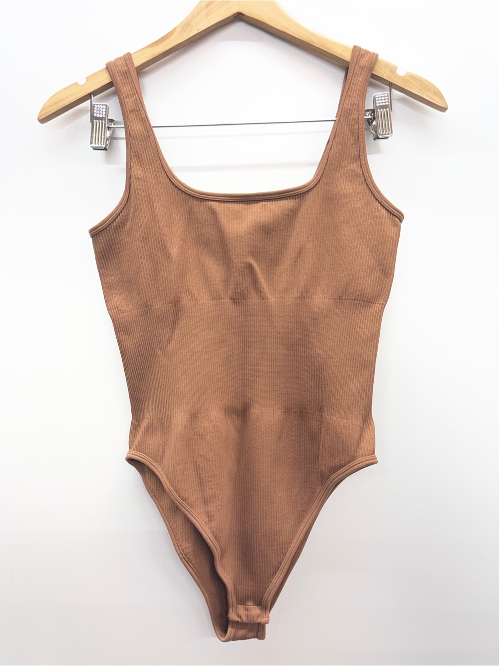 OQQ Classic Ribbed Scoop Neck Bodysuit - Brown